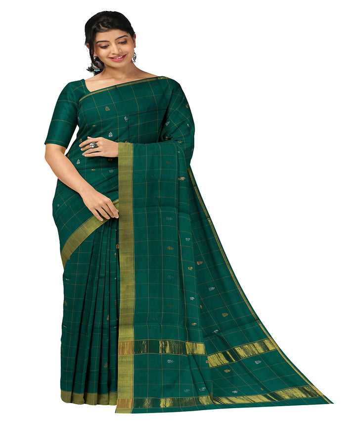 Dark green checked handwoven venkatagiri cotton saree