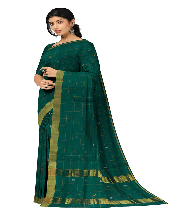 Dark green checked handwoven venkatagiri cotton saree