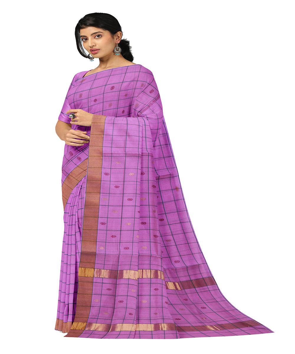 Magenta pink checked cotton handwoven venkatagiri saree