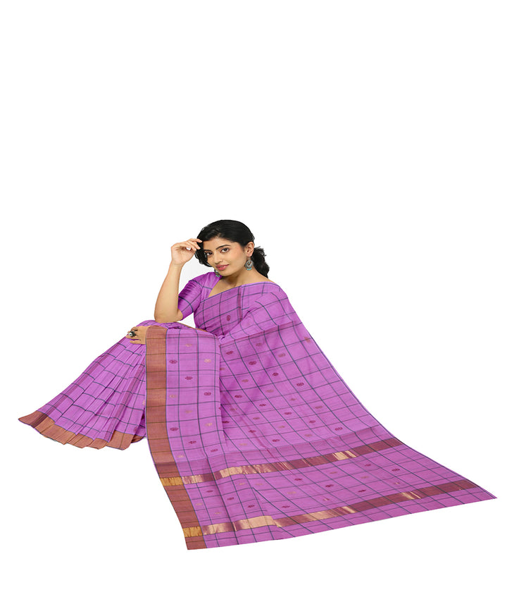 Magenta pink checked cotton handwoven venkatagiri saree