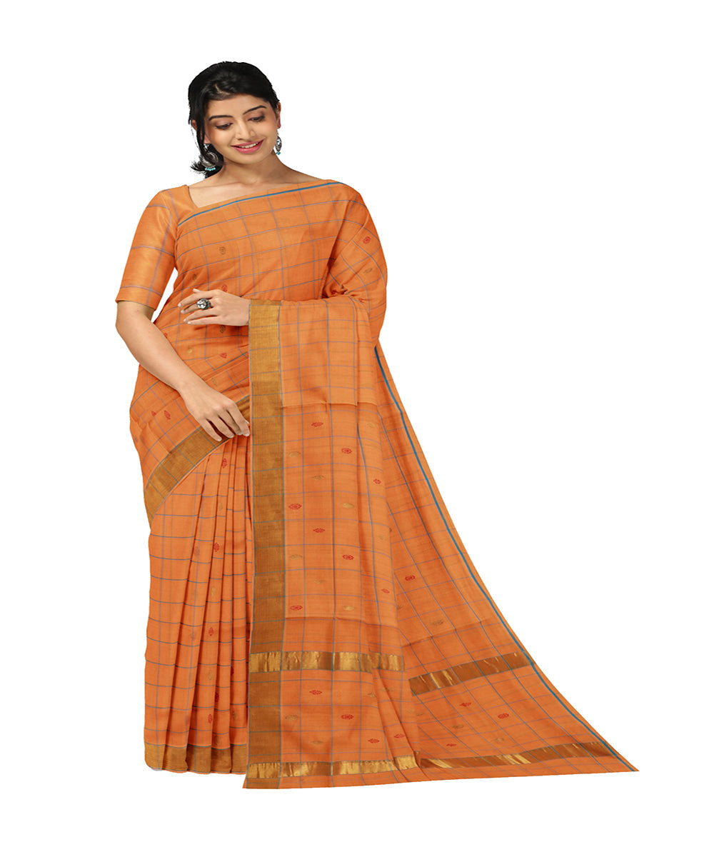Orange checked handwoven venkatagiri cotton saree