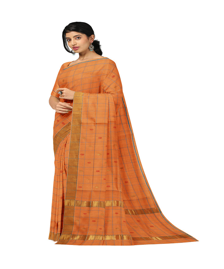 Orange checked handwoven venkatagiri cotton saree
