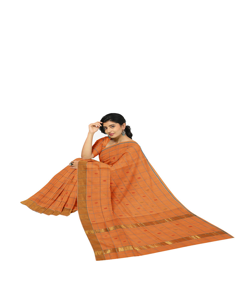 Orange checked handwoven venkatagiri cotton saree