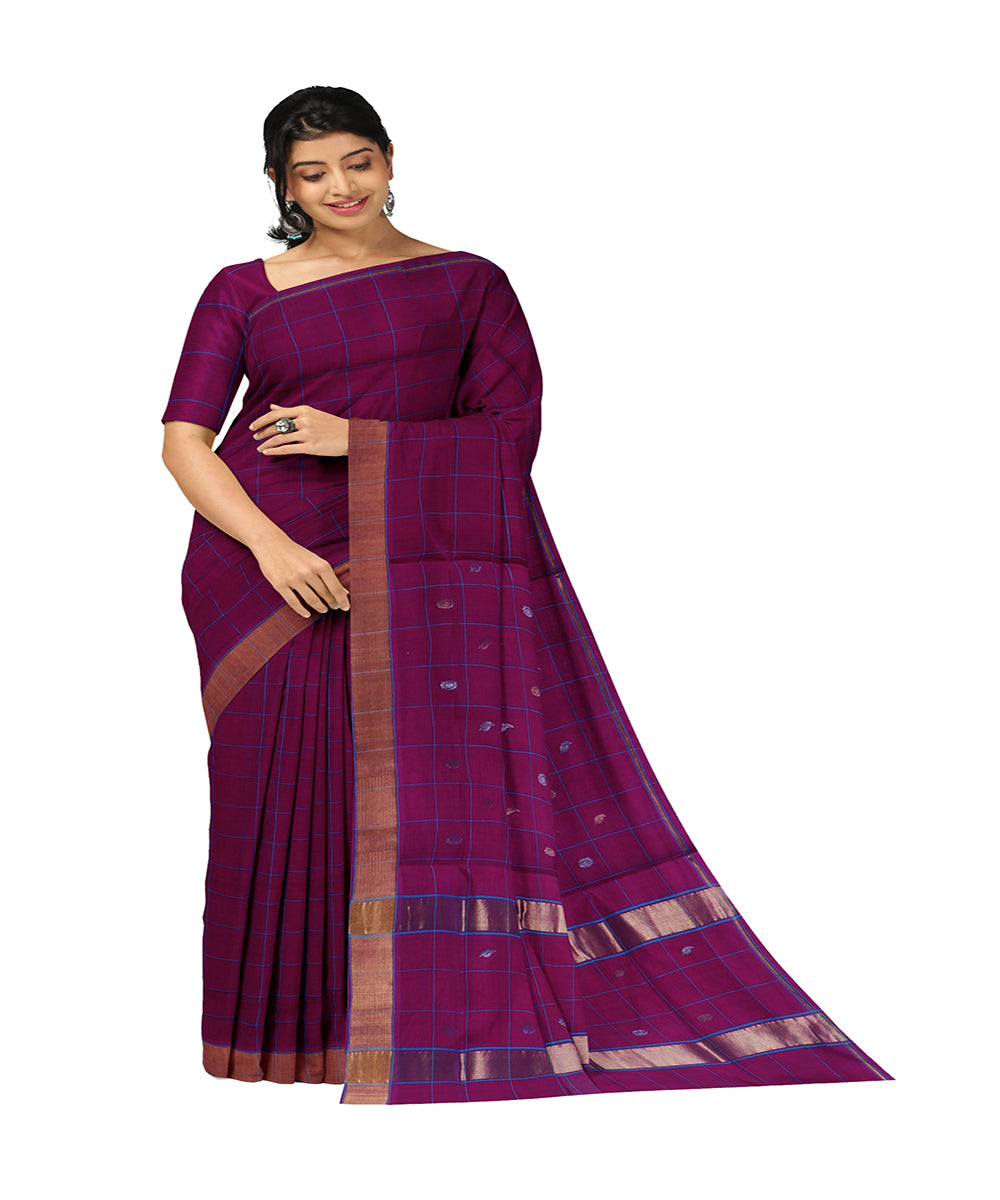 Dark violet checked cotton handwoven venkatagiri saree