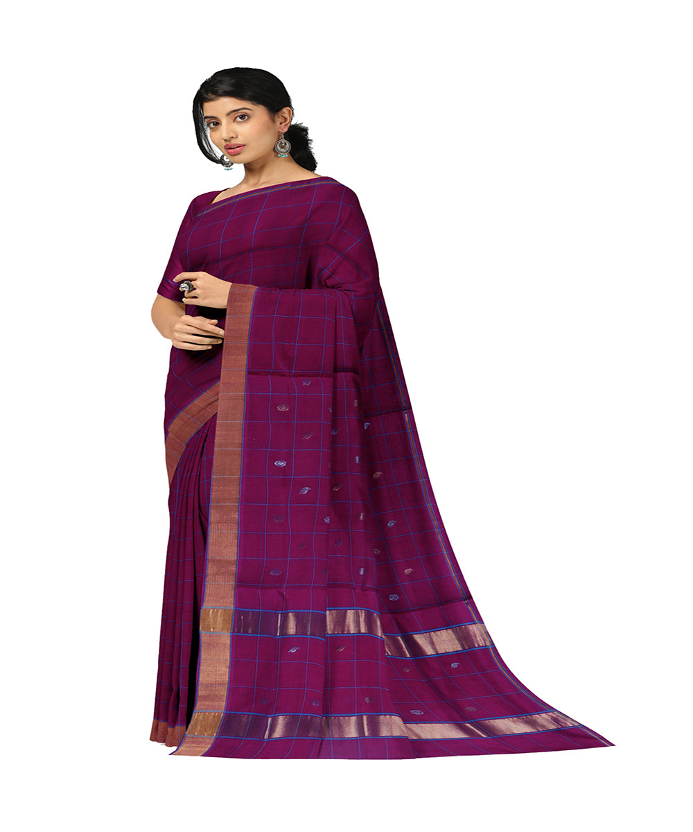 Dark violet checked cotton handwoven venkatagiri saree