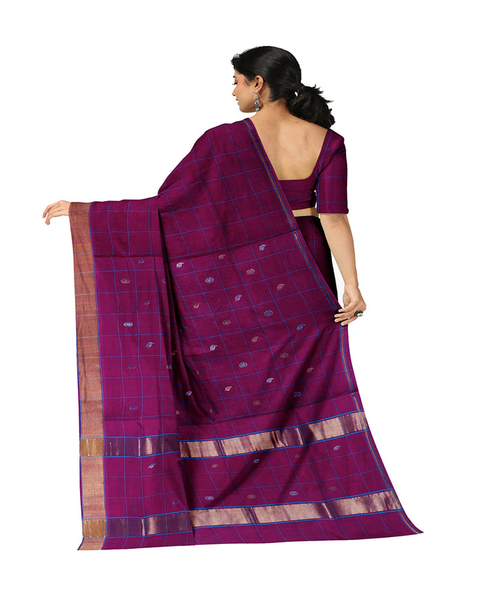 Dark violet checked cotton handwoven venkatagiri saree