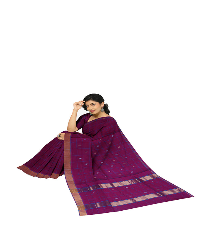 Dark violet checked cotton handwoven venkatagiri saree