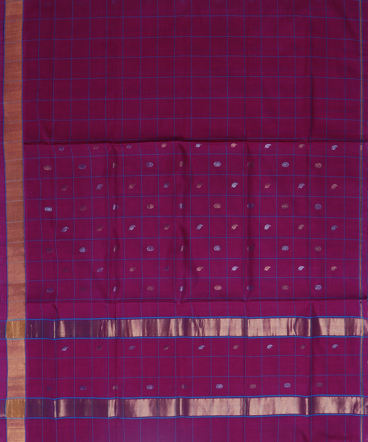 Dark violet checked cotton handwoven venkatagiri saree