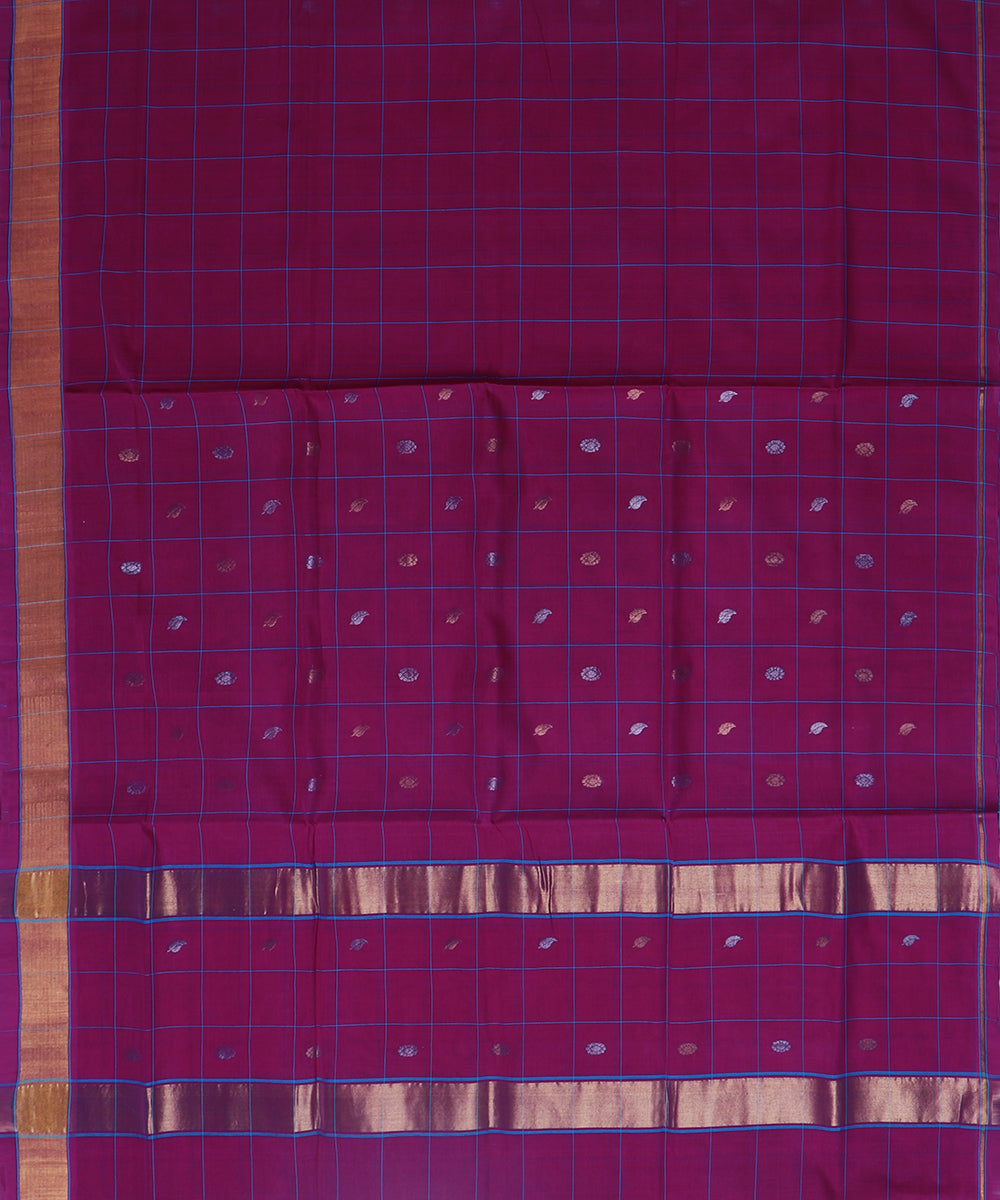 Dark violet checked cotton handwoven venkatagiri saree