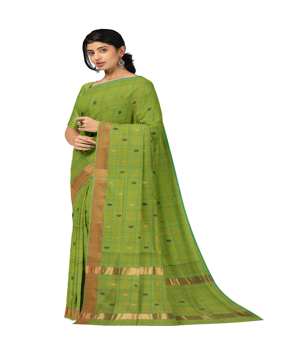 Light green checked cotton handwoven venkatagiri saree