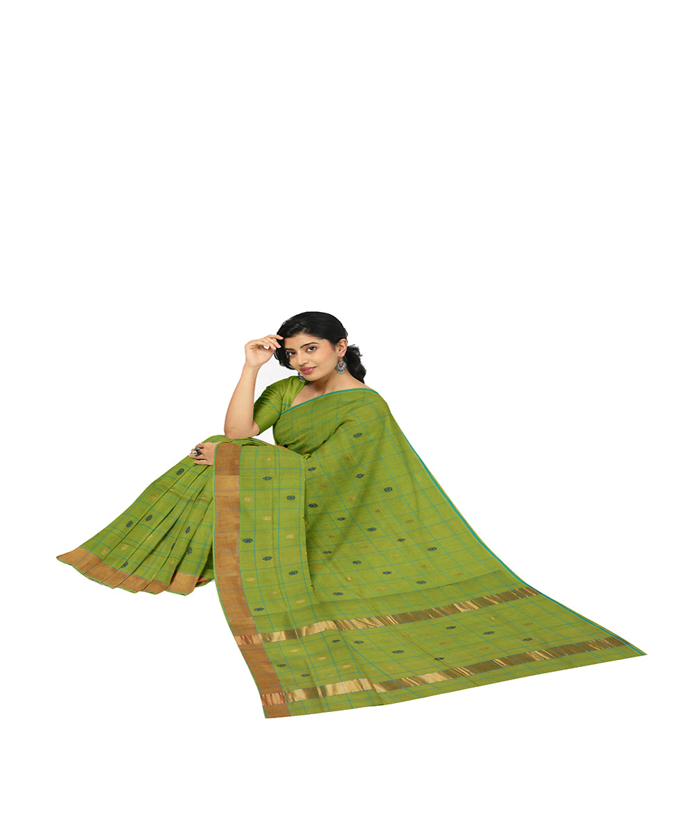 Light green checked cotton handwoven venkatagiri saree