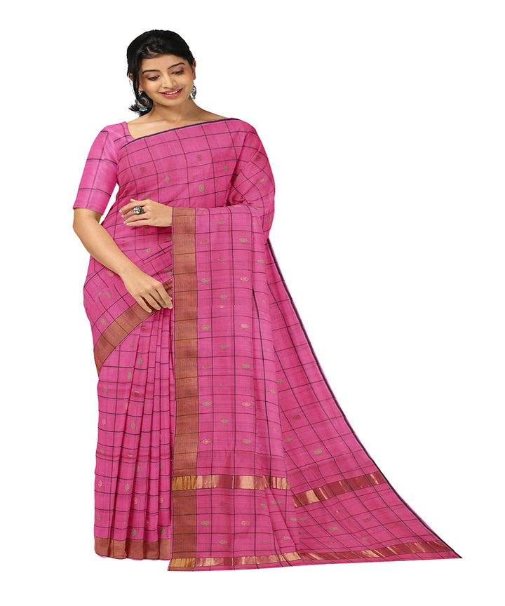 Pink checked venkatagiri cotton handwoven saree