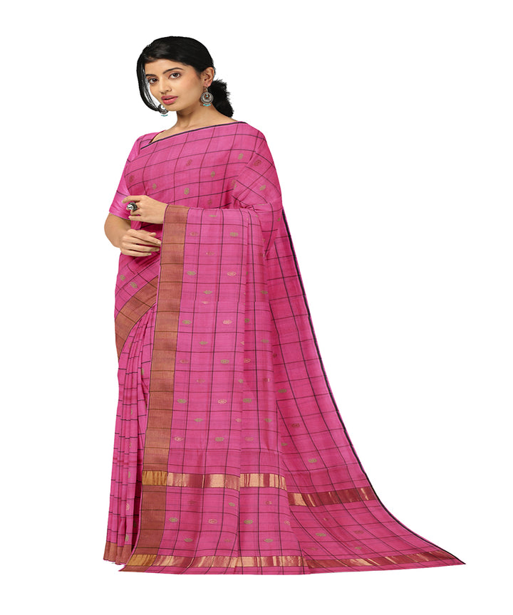 Pink checked venkatagiri cotton handwoven saree