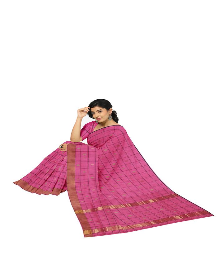 Pink checked venkatagiri cotton handwoven saree