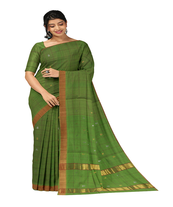 Lime green checked cotton handwoven venkatagiri saree