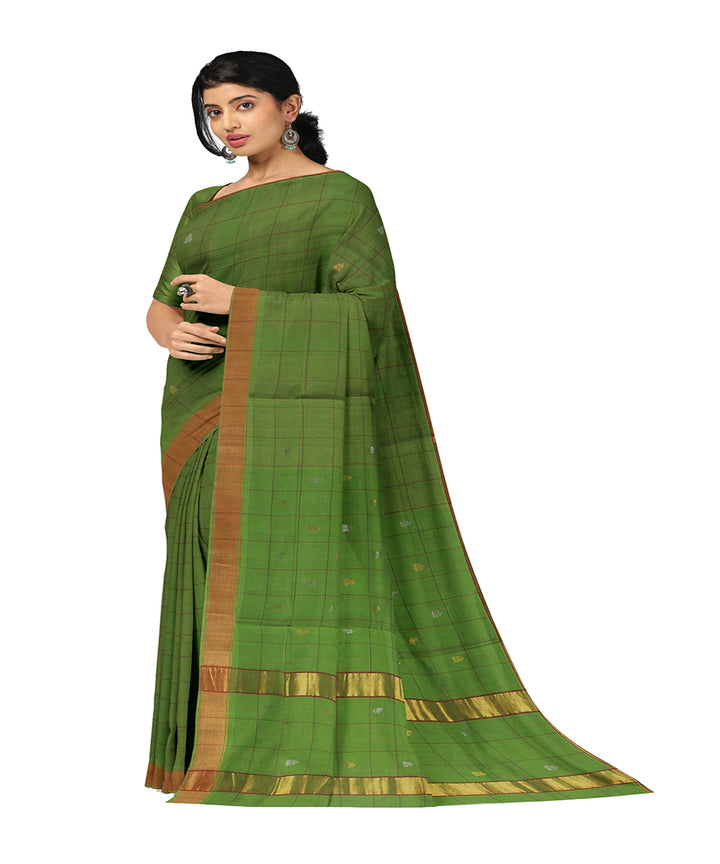 Lime green checked cotton handwoven venkatagiri saree