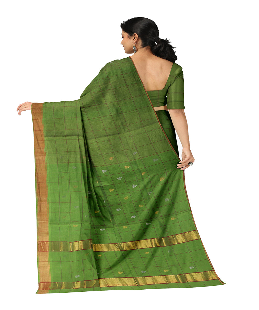 Lime green checked cotton handwoven venkatagiri saree