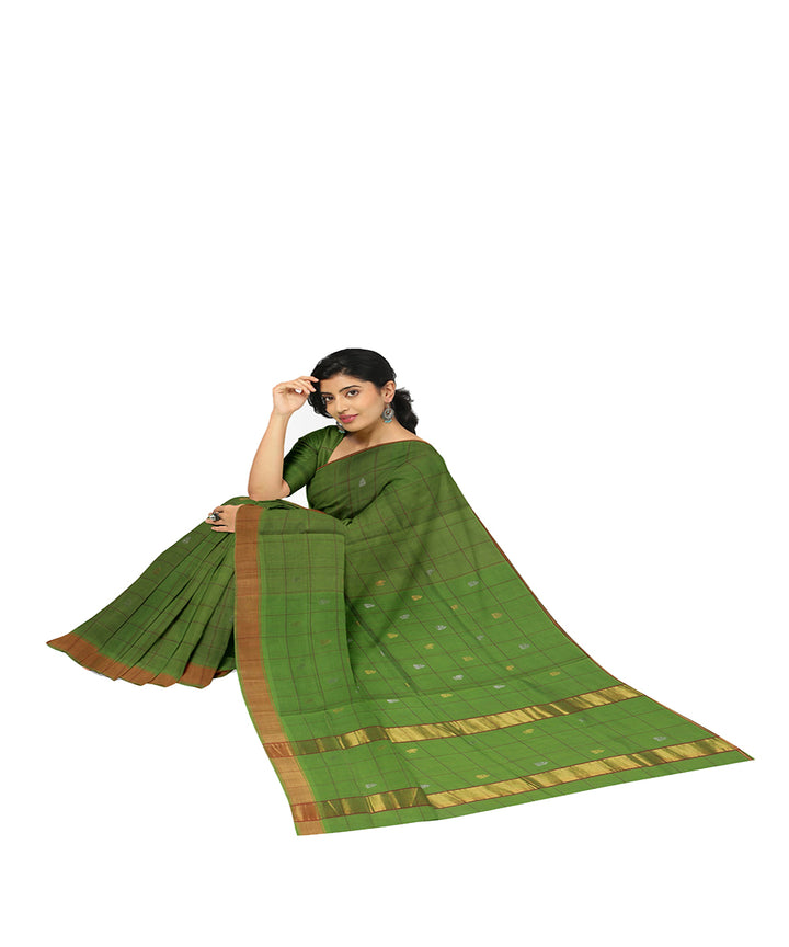 Lime green checked cotton handwoven venkatagiri saree