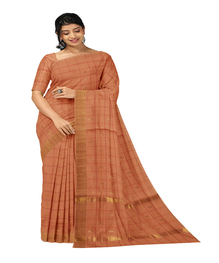Orange checked venkatagiri handwoven cotton saree