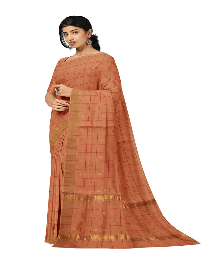 Orange checked venkatagiri handwoven cotton saree