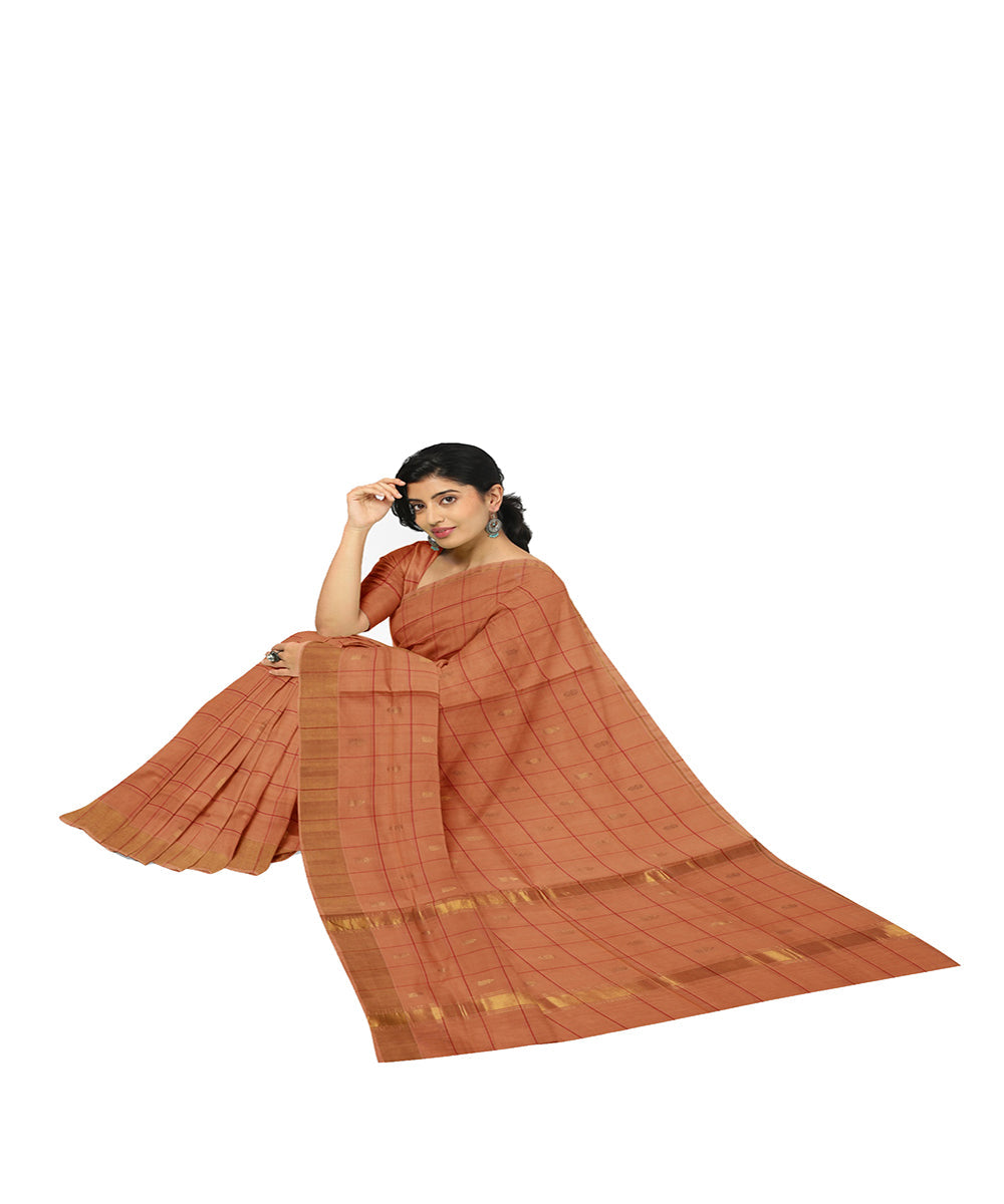Orange checked venkatagiri handwoven cotton saree