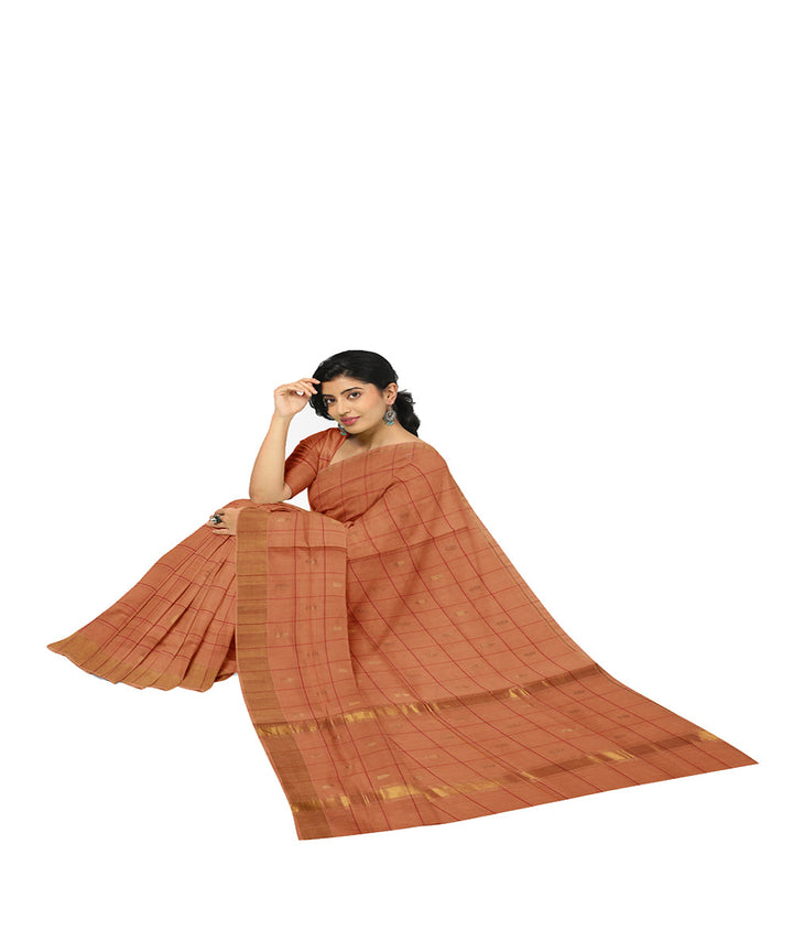 Orange checked venkatagiri handwoven cotton saree