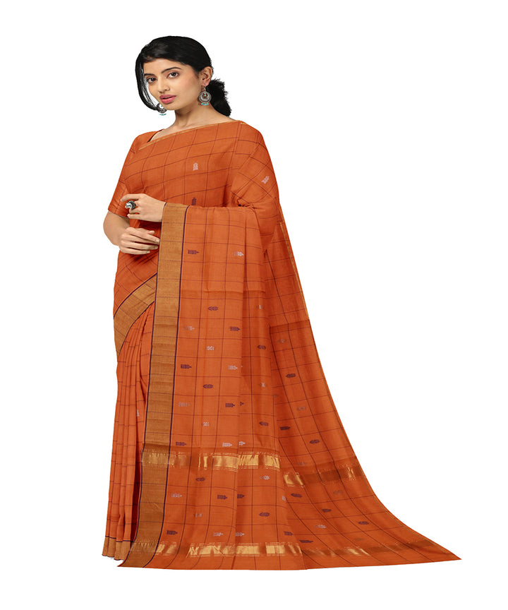 Orange checked cotton handwoven venkatagiri saree