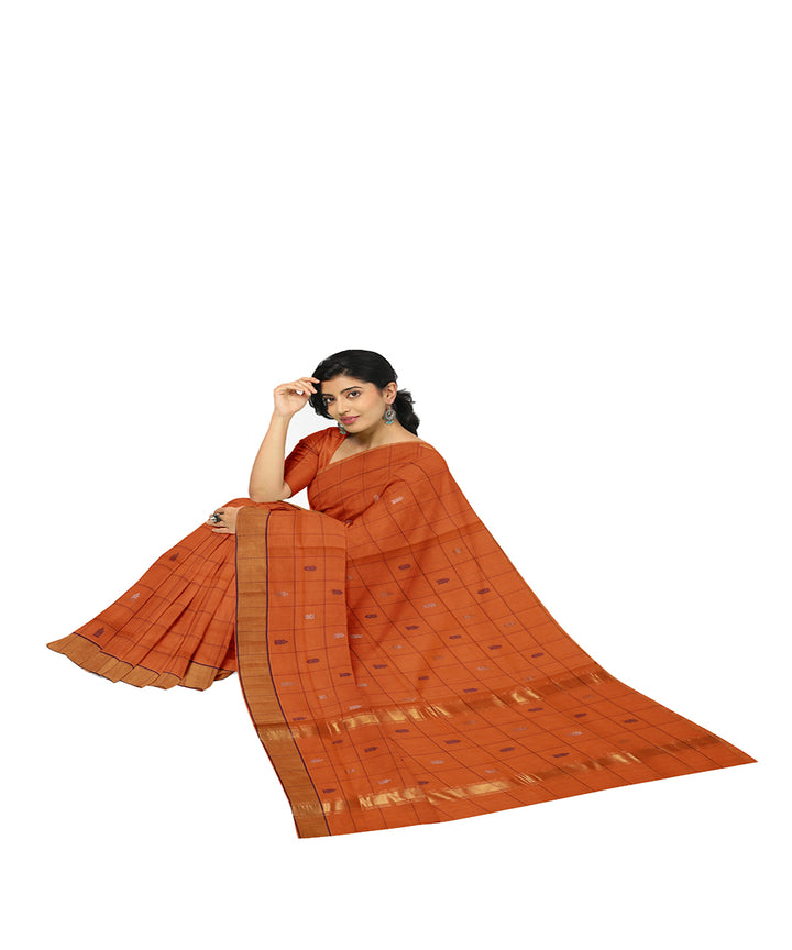 Orange checked cotton handwoven venkatagiri saree