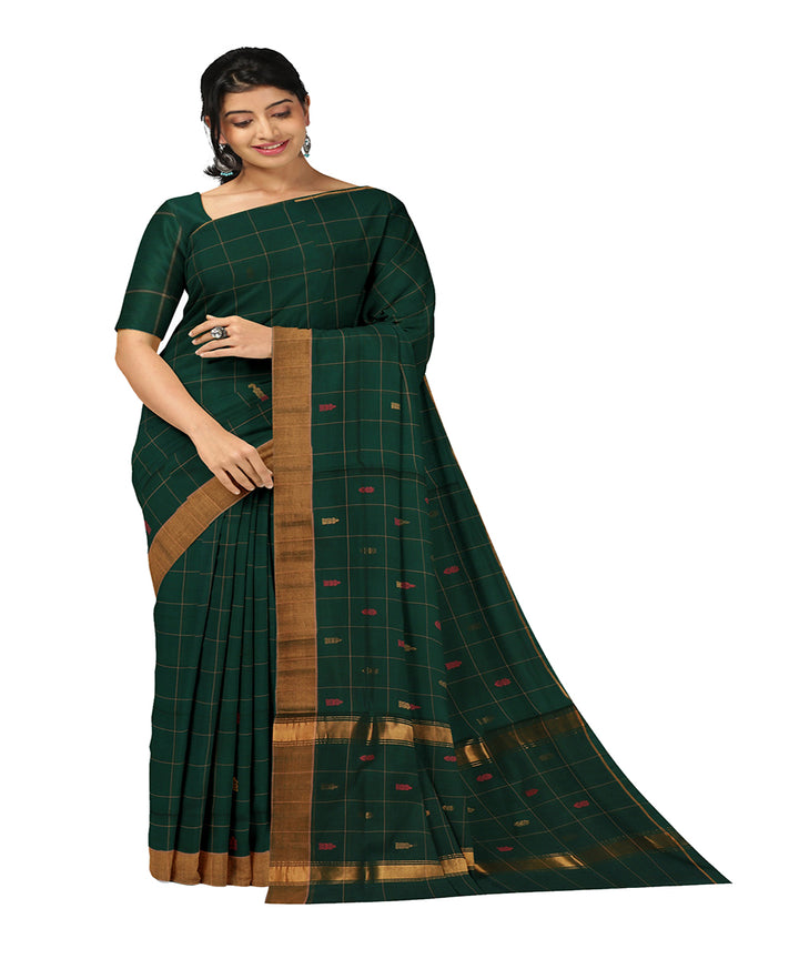 Dark green checked cotton handwoven venkatagiri saree