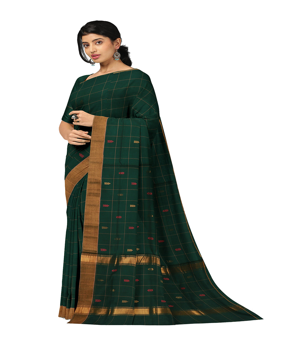 Dark green checked cotton handwoven venkatagiri saree