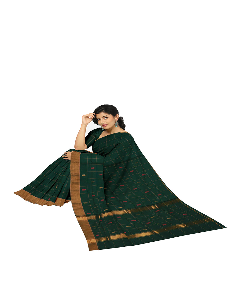 Dark green checked cotton handwoven venkatagiri saree