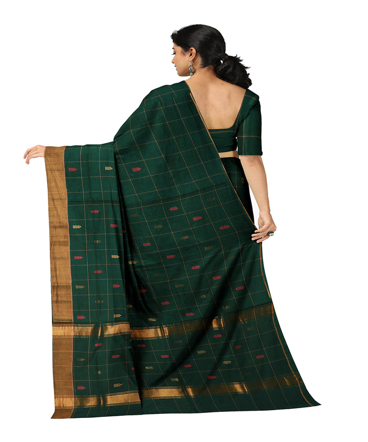 Dark green checked cotton handwoven venkatagiri saree