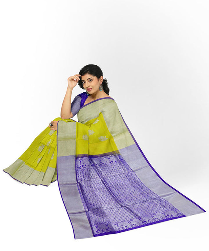 Lemon yellow blue silk handwoven venkatagiri saree