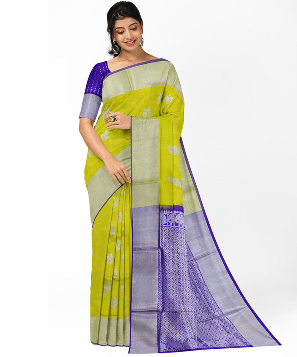 Lemon yellow blue silk handwoven venkatagiri saree