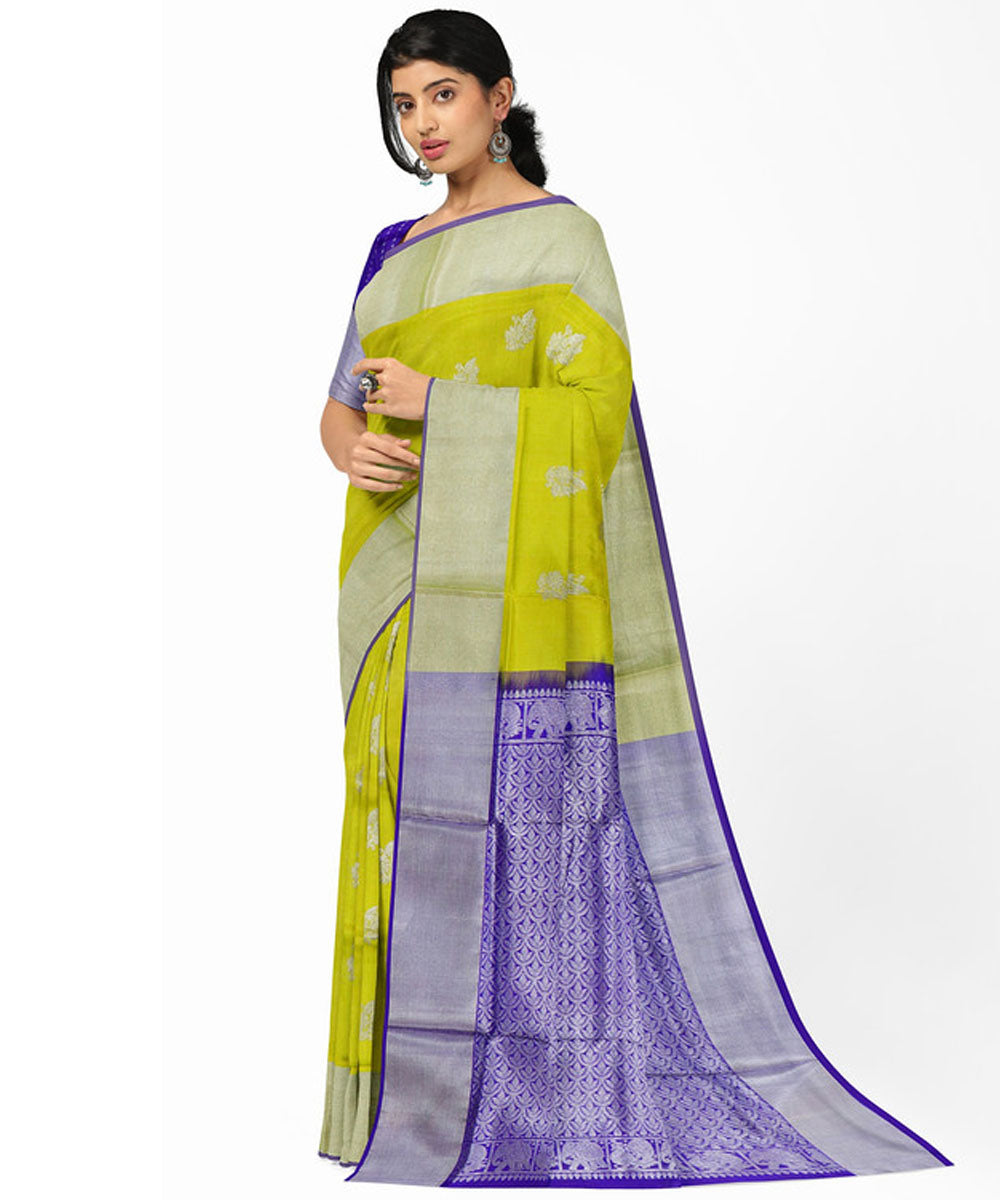 Lemon yellow blue silk handwoven venkatagiri saree