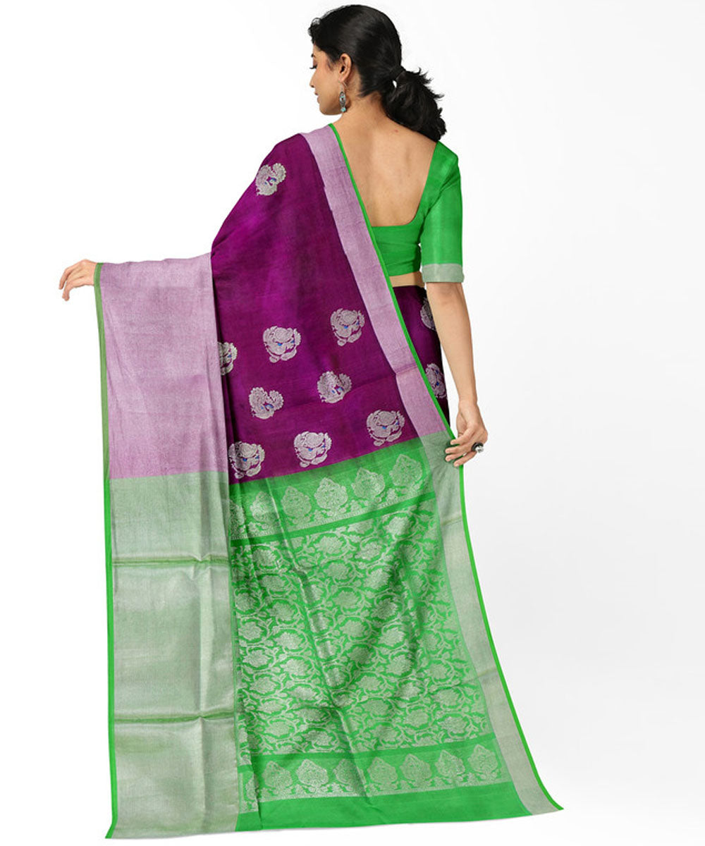 Dark pink green silk handwoven venkatagiri saree