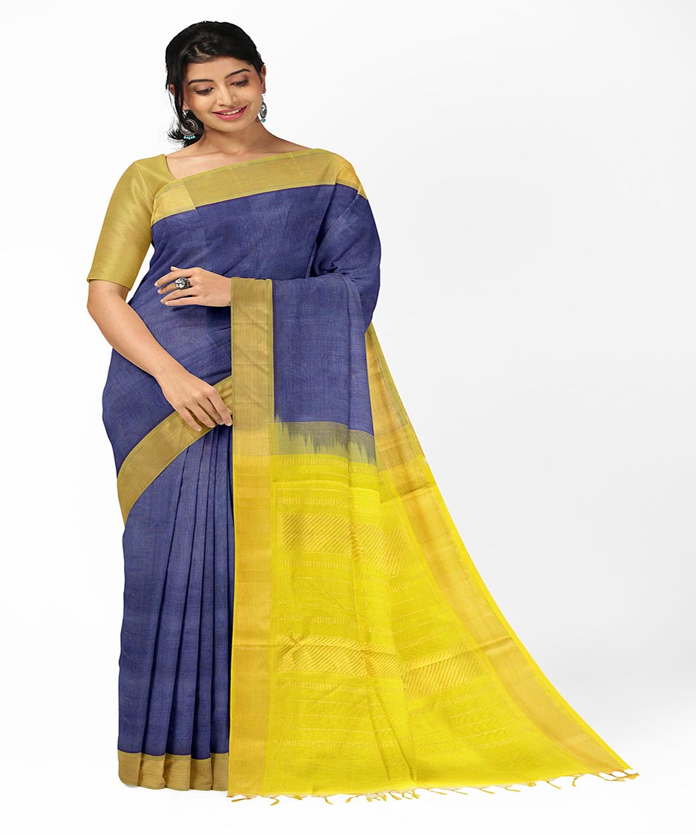 Navy blue yellow venkatagiri handwoven cotton silk saree