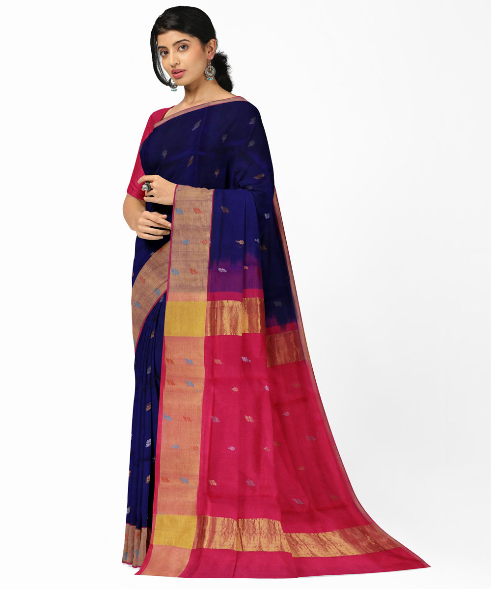 Navy blue daek pink cotton silk handwoven venkatagiri saree