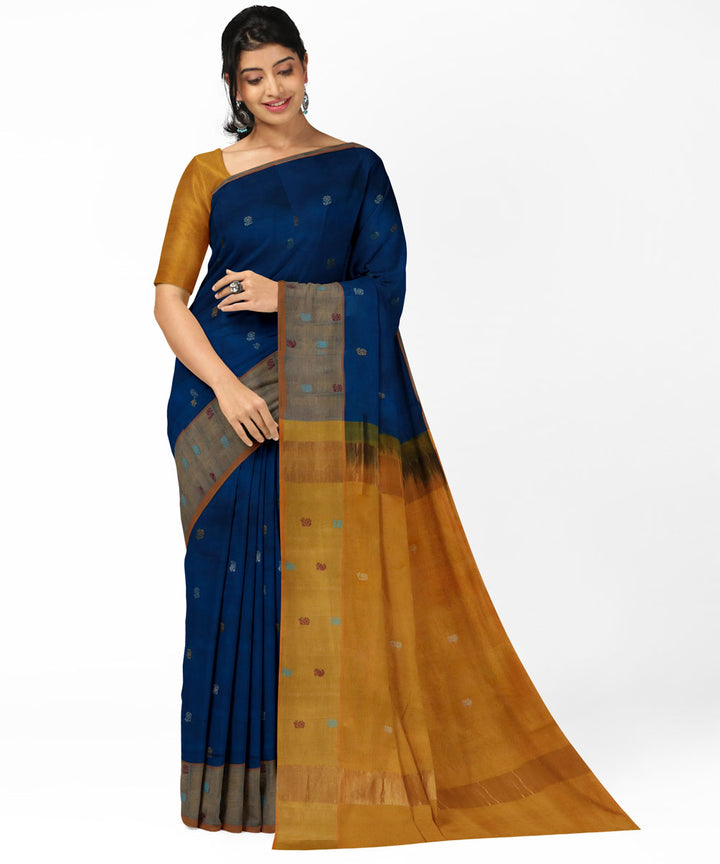 Navy blue yellow cotton silk handwoven venkatagiri saree