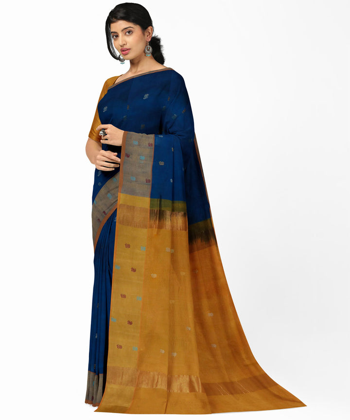 Navy blue yellow cotton silk handwoven venkatagiri saree