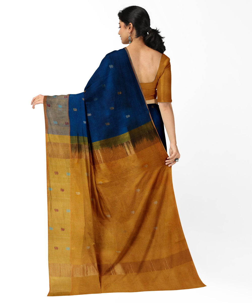 Navy blue yellow cotton silk handwoven venkatagiri saree