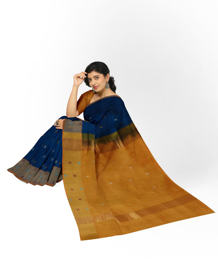 Navy blue yellow cotton silk handwoven venkatagiri saree