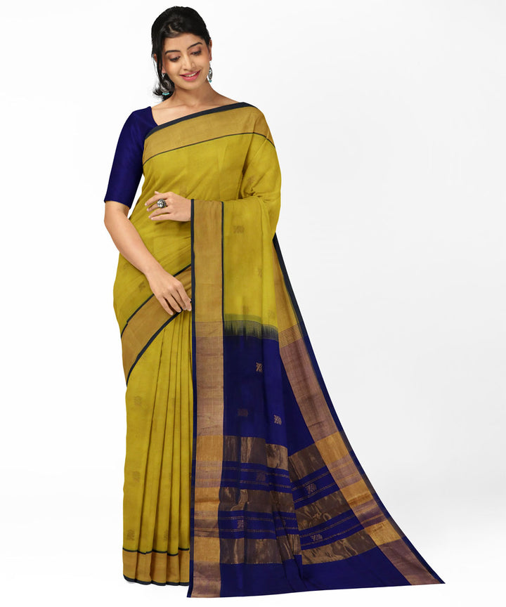 Yellow blue cotton silk handwoven venkatagiri saree