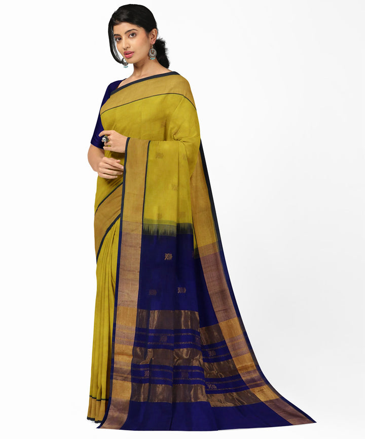 Yellow blue cotton silk handwoven venkatagiri saree