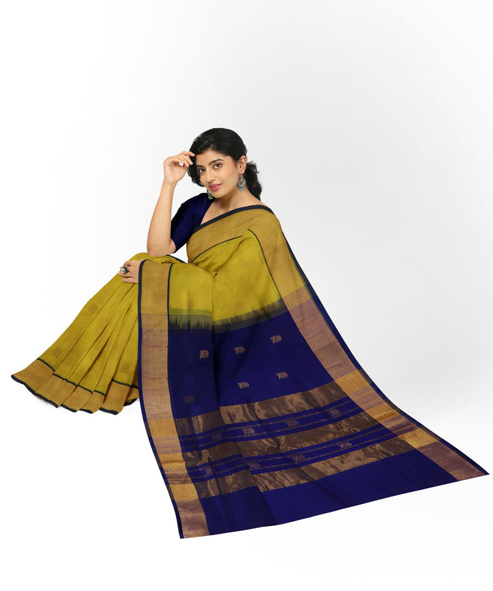 Yellow blue cotton silk handwoven venkatagiri saree