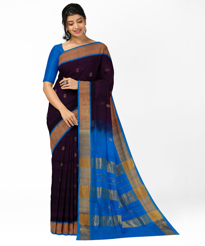 Maroon blue cotton silk handwoven venkatagiri saree