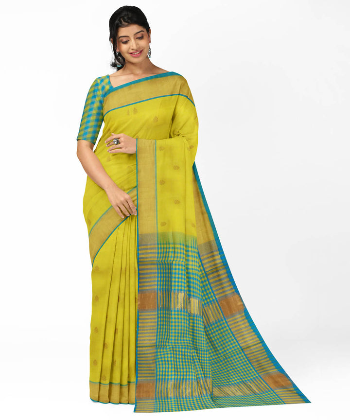 Yellow green cotton silk handwoven venkatagiri saree
