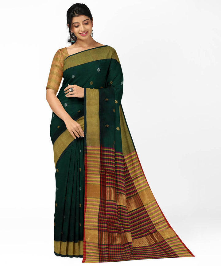Dark green brown cotton silk handwoven venkatagiri saree