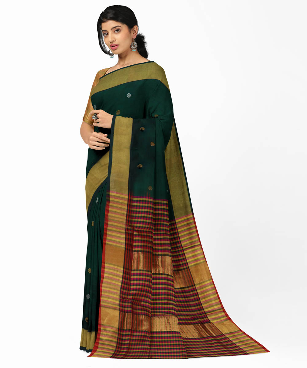 Dark green brown cotton silk handwoven venkatagiri saree