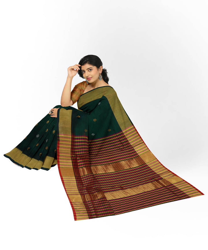 Dark green brown cotton silk handwoven venkatagiri saree